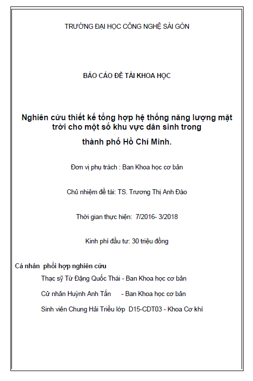 Nghiên cứu thiết kế tổng hợp hệ thống năng lượng mặt trời cho một số khu vực dân sinh trong thành phố Hồ Chí Minh