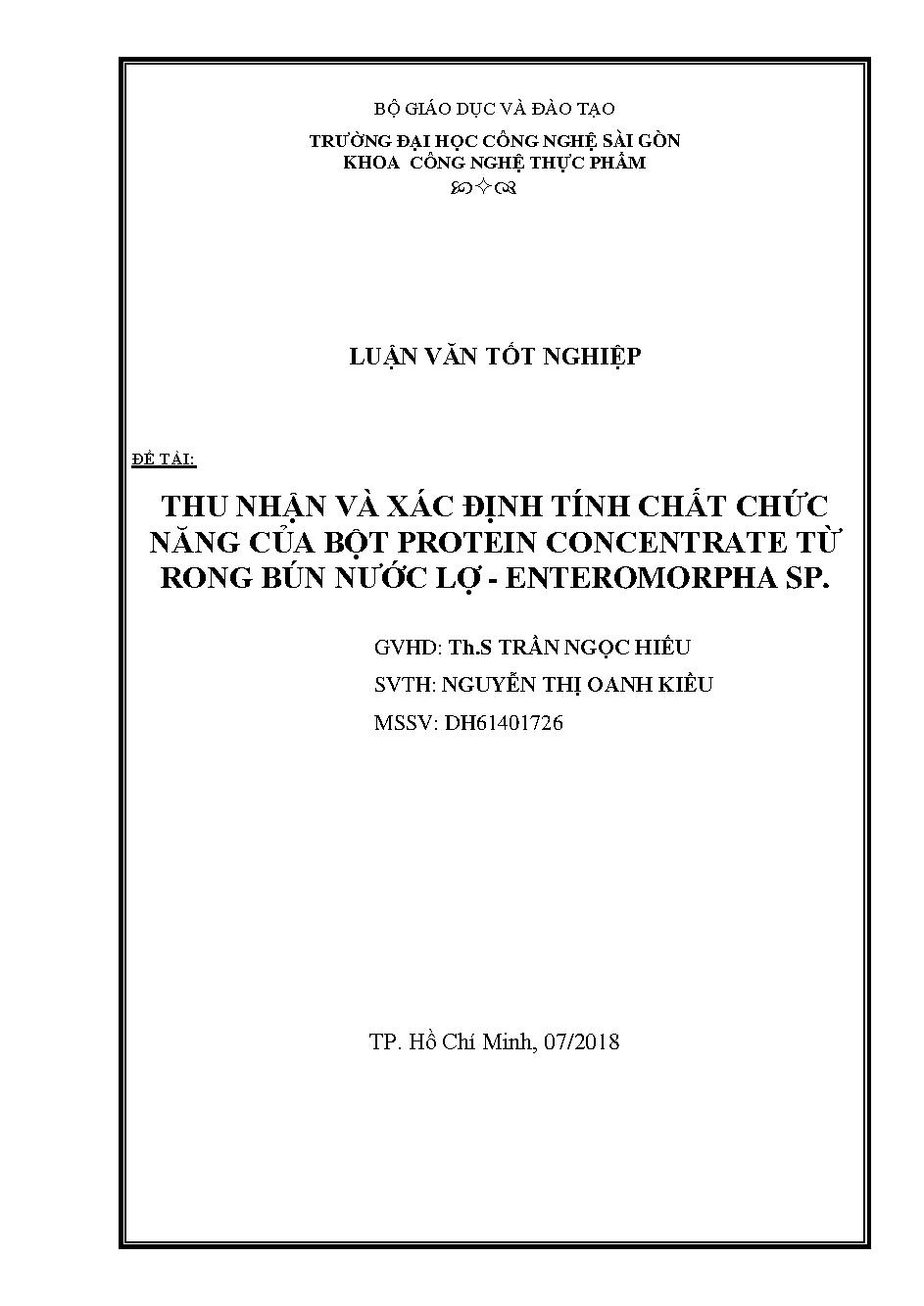 Thu nhận và xác định tính chất chức năng của bột protein concentrate từ rong bún nước lợ - Enteromorpha SP.