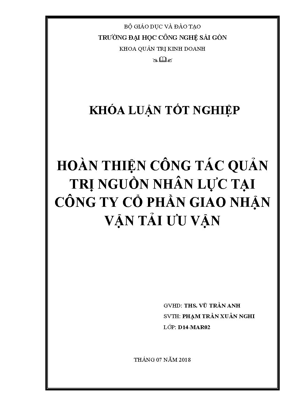 Hoàn thiện công tác quản trị nguồn nhân lực tại Công ty cổ phần giao nhận vận tải ưu vận